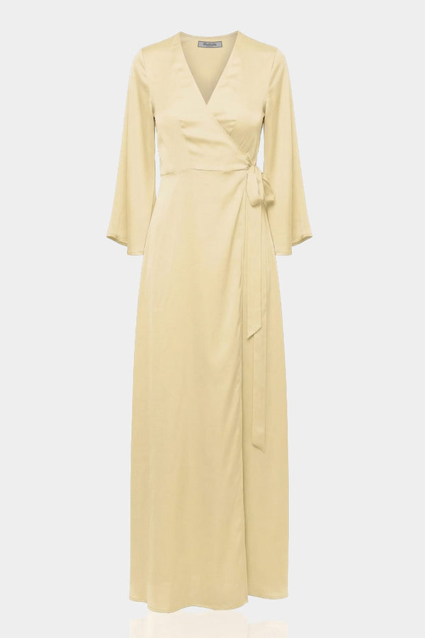S Champagne Satin Wrap Bridesmaid Maxi Dress with Slit – Long Sleeve