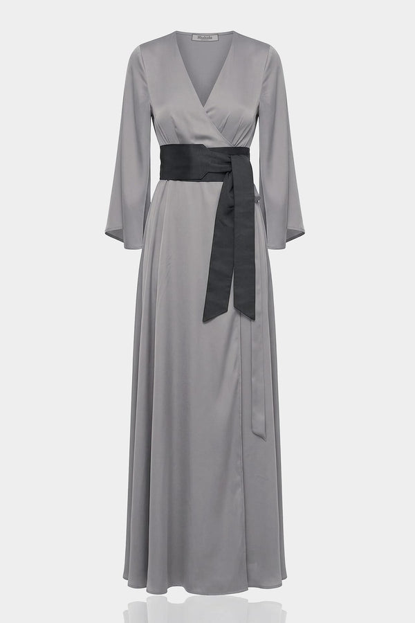 S Grey Satin Wrap Maxi Dress – Bridesmaid & Garden Wedding Guest Dress