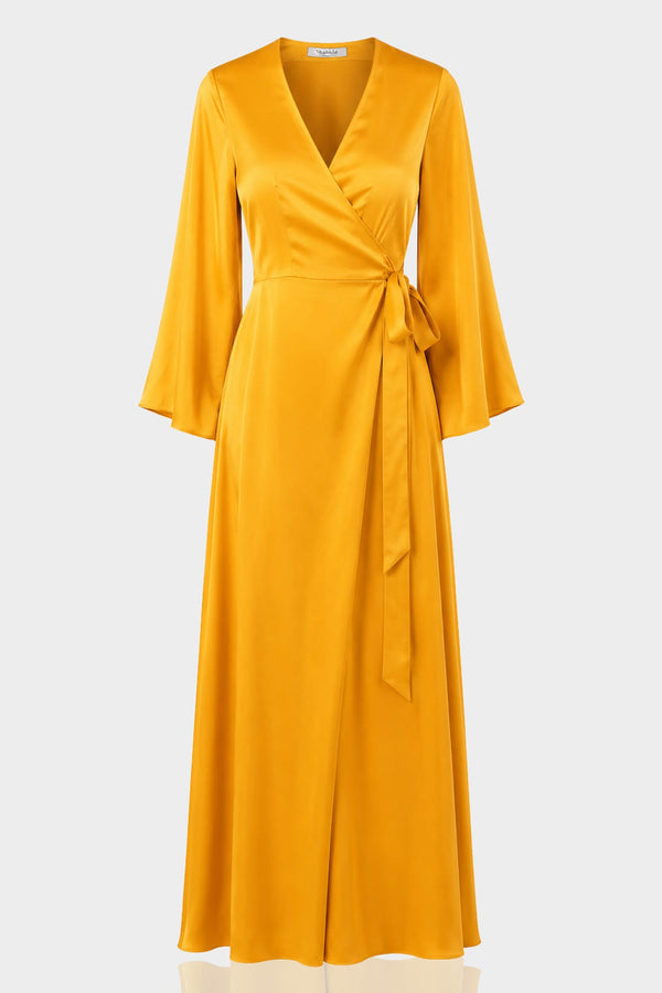 S Light Mustard Yellow Long Wrap Dress for Bridesmaid and Summer Weddings