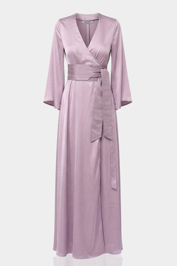 S Dusty Lavender Satin Wrap Maxi Bridesmaid Dress – Garden Wedding Gown
