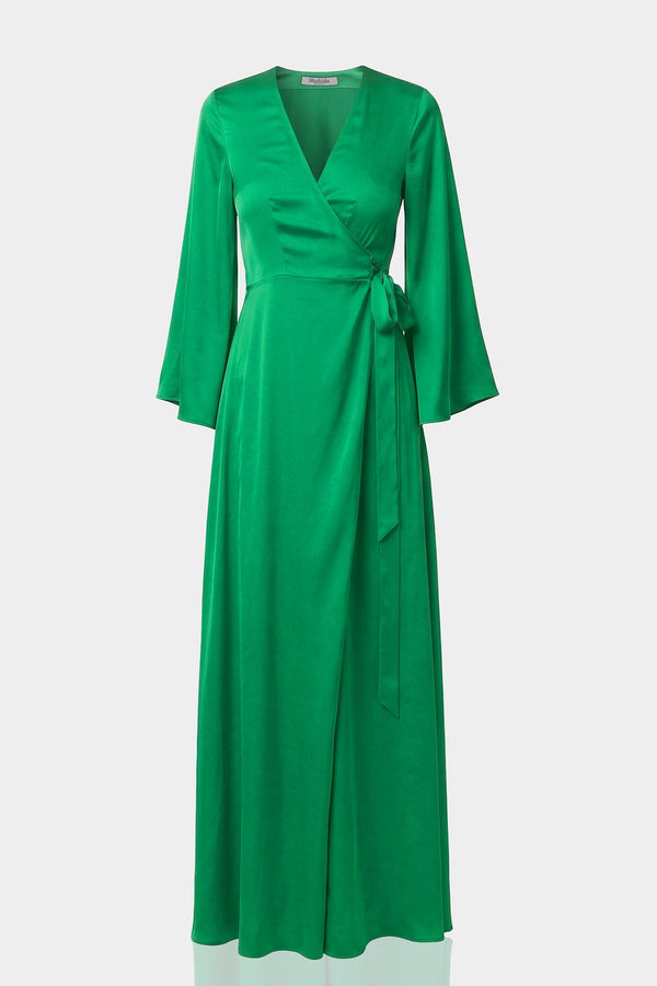 S Emerald Green Satin Wrap Maxi Dress – Elegant Spring Summer Occasion Dress