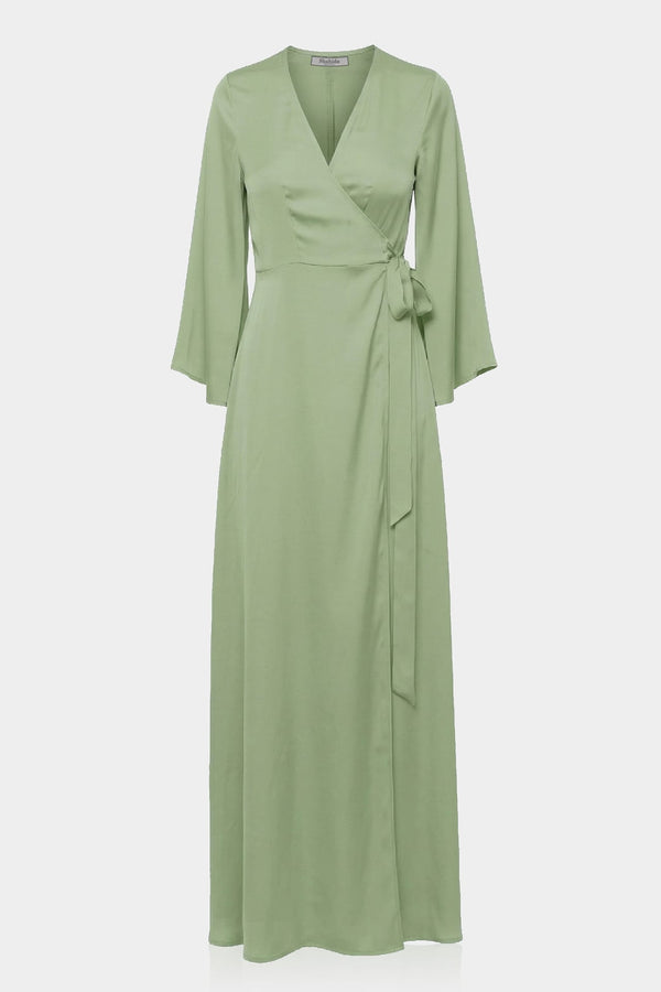 S Sage Satin Wrap Bridesmaid Dress – Elegant Maxi Wedding Party Dress