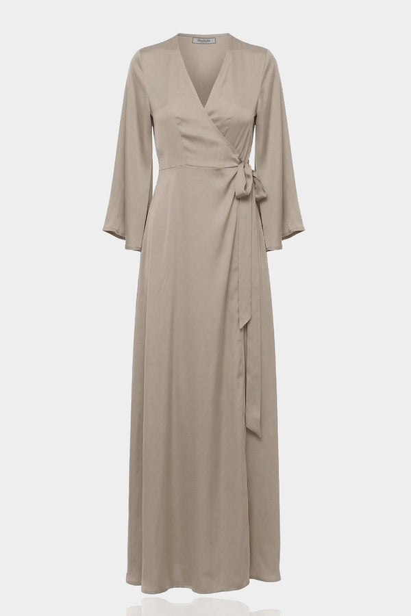 S Taupe Satin Wrap Maxi Bridesmaid Dress