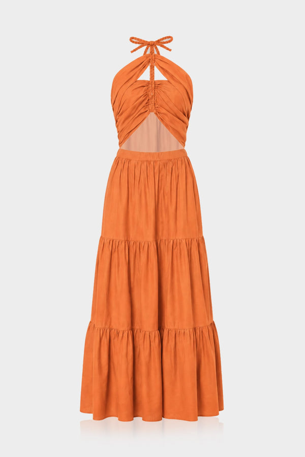orange silk halter dress Sunset Maxi Ruffled Homecoming Dress