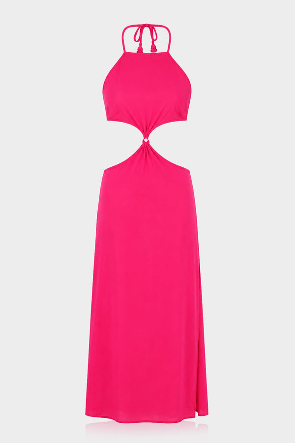 S Luxury Fuchsia Pink Cutout Cotton Maxi Dress for Women – Cruise Holiday Dress
