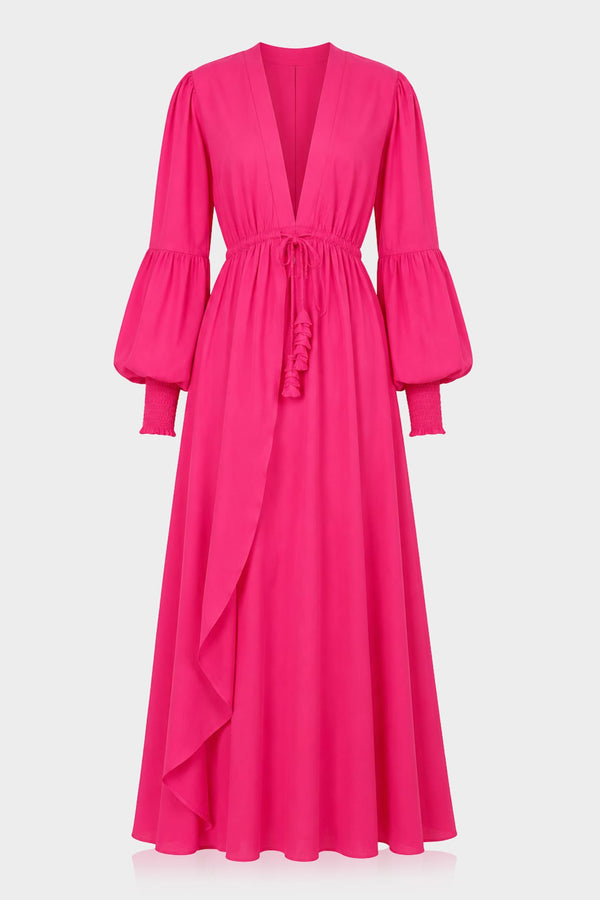 pink empire line dress S Fuchsia Plunge Neck Waist Cotton Maxi for Women creating an enchanting effect length:38 Whimsical Fantasy – Hand-Painted ai-edited