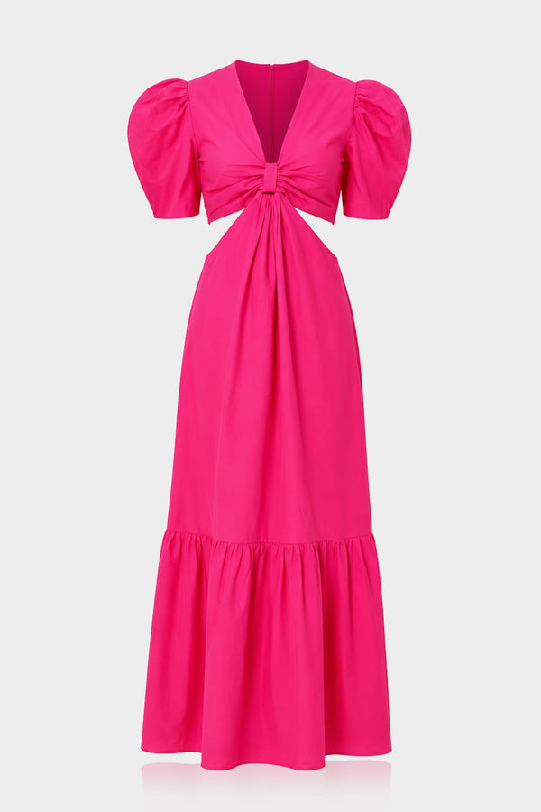 Fuchsia Pink Puff Sleeve Cutout Cotton Maxi Dress for Tropical Vacations