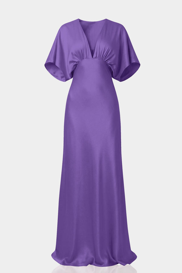Standard / XS Shasi Amethyst Deep-V Flutter-Sleeve Satin A-Line Bridesmaid Gown- Modern Formal wear