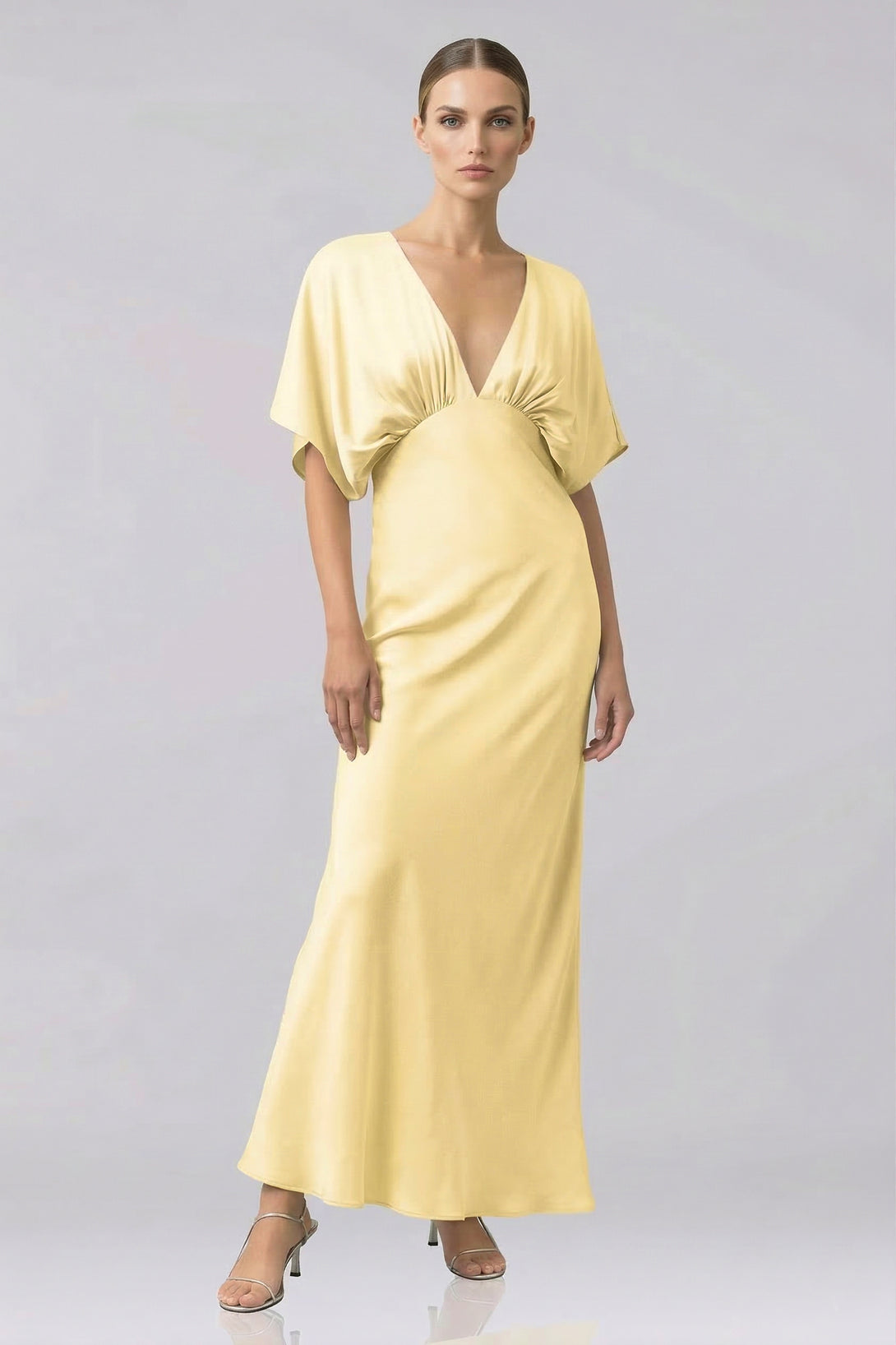 Standard / XS Shasi Champagne Satin Deep V Flutter Sleeve Satin A-Line Gown