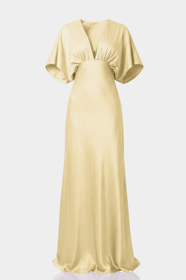Standard / XS Shasi Champagne Satin Deep V Flutter Sleeve Satin A-Line Gown