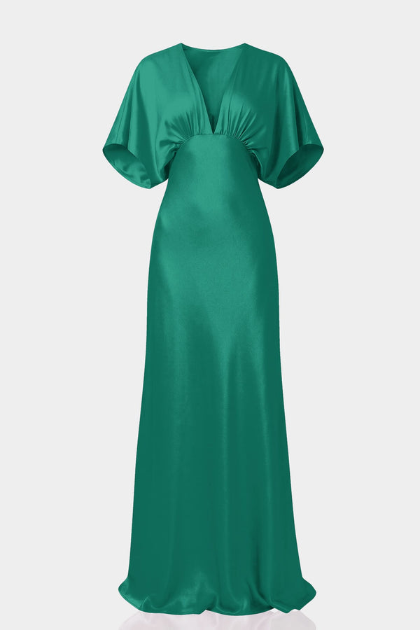 deep green silk dress Teal Polka Dot Satin Wedding Guest | Deep-V Flutter Sleeve loop