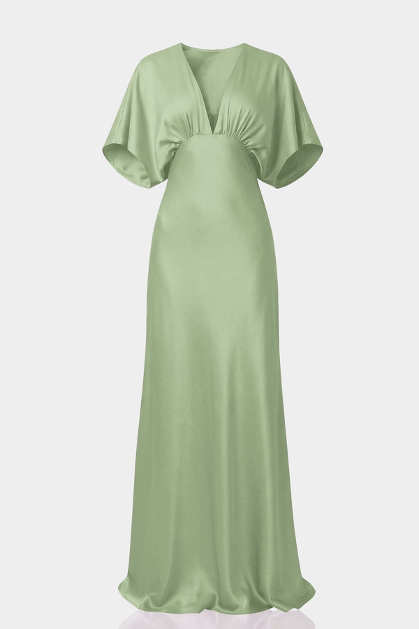 sage green designer dress Deep-V Flutter Sleeve Satin A Line Gown – Shahida Parides green maxi slip dress