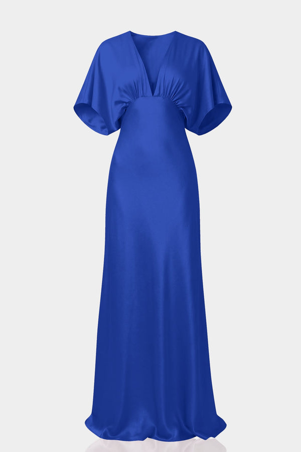 Standard / XS Shasi Sapphire Blue Deep-V Flutter-Sleeve Satin A-Line Bridesmaid Dress- Bump friendly Gown
