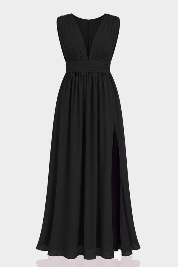 S / With Slit Black Heaven V-Neck Bridesmaid Dress – Elegant Formal Maxi Gown