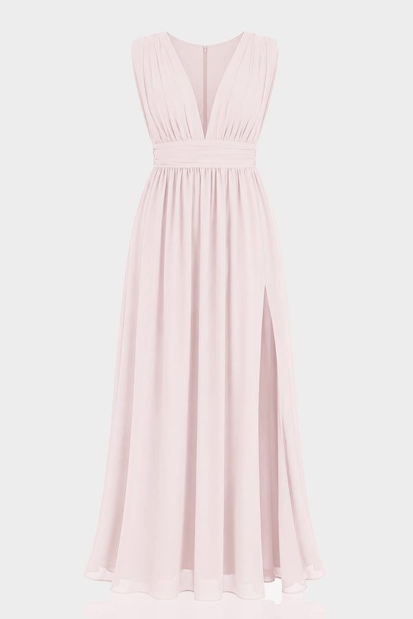 chiffon blush pink bridesmaid dresses S / With Slit Blushing V-Neck Dress – Elegant Wedding Maxi Gown neck and back Elegant Black Velvet Strapless Talla:US4 Baby Girl Sequins Party Dress
