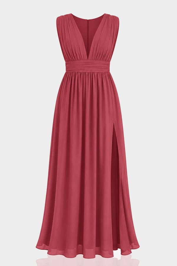 Burgundy Bridesmaid Dress Formal V-Neck Maxi