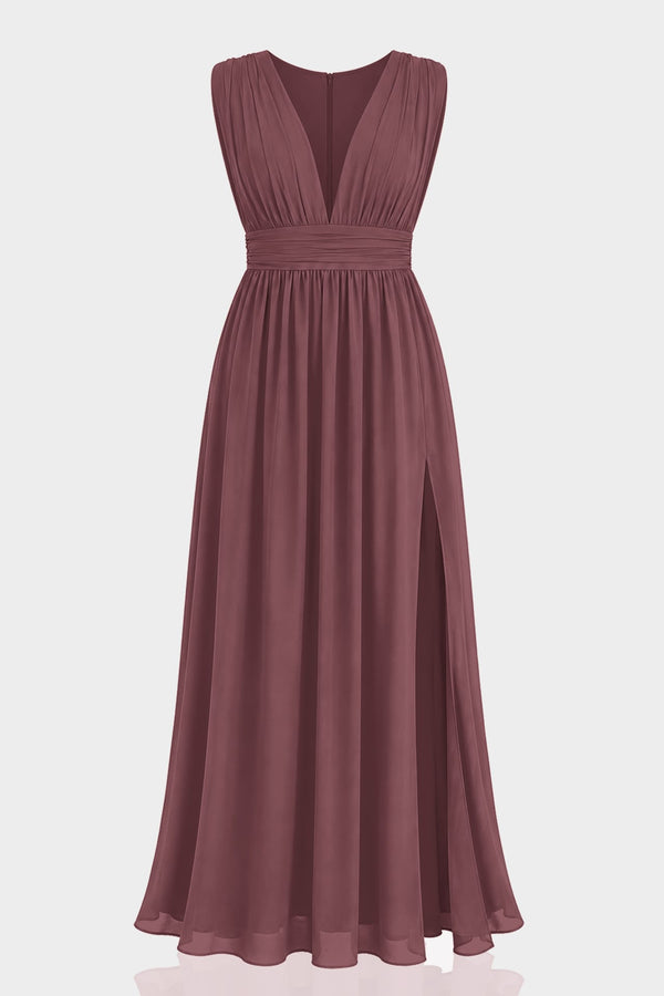 Burgundy Bridesmaid Dress Formal V-Neck Maxi