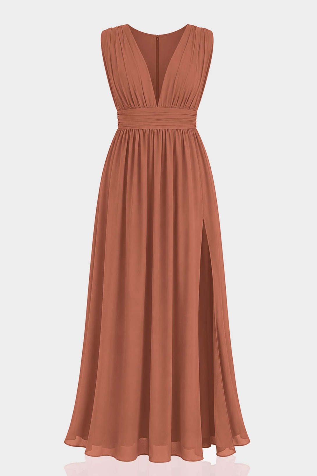 copper formal dress Long Sleeve Metallic Jersey Evening Gown in Bronze With a side slit and sheer corset Copper Embellished Fitted Evening Dress