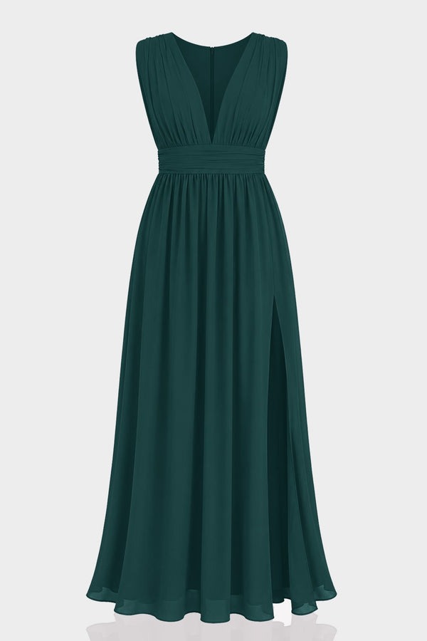 S / With Slit Emerald Green V-Neck Bridesmaid Dress – Elegant Flowy Wedding Party Gown