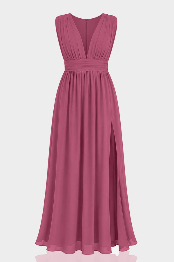 Burgundy Bridesmaid Dress Formal V-Neck Maxi