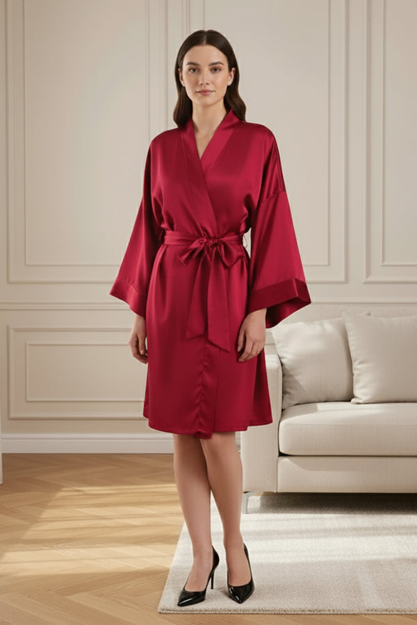 Luxury Silky Satin Short Kimono Robe – Deep Red
