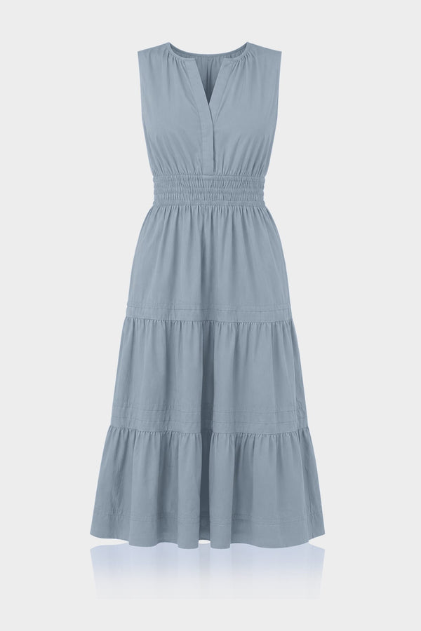 S Dusty Blue Sleeveless Cotton Poplin Midi Dress – Business Casual Midi Dress