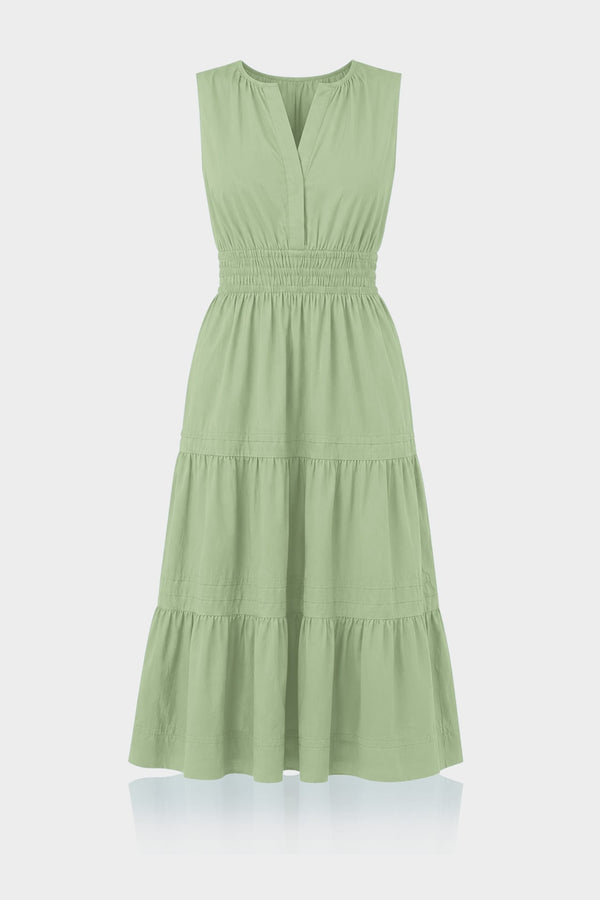 Sage Green Smocked Waist Cotton Midi Dress – Shahida Parides