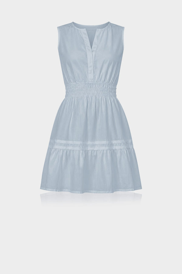 S Dusty Blue Sleeveless Smocked Waist Cotton Mini Dress – Brunch Date Dress
