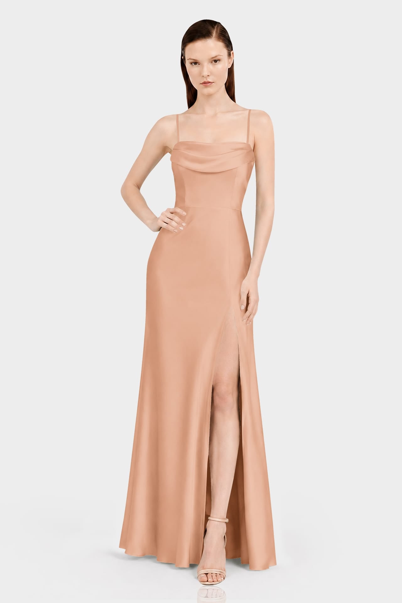 S Classic Luxury Desert Sand Satin Bridesmaid Maxi Dress with Convertible Neckline