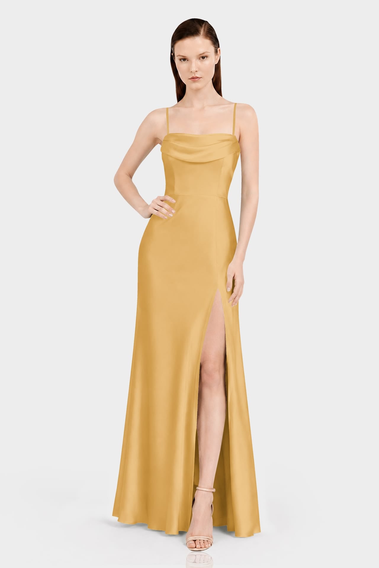 S Butterscotch Wedding Guest Multiway Dress in Matte Satin – Luxury Convertible Maxi Dress