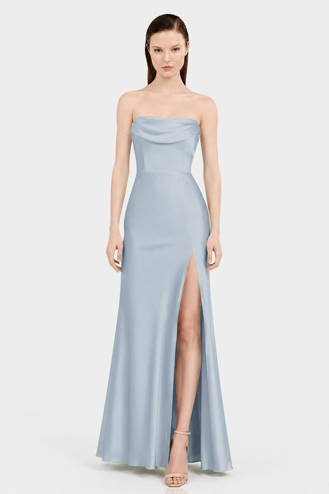 S Dusty Blue Off Shoulder Bridesmaid Dress – Multiway Satin Maxi with High Slit