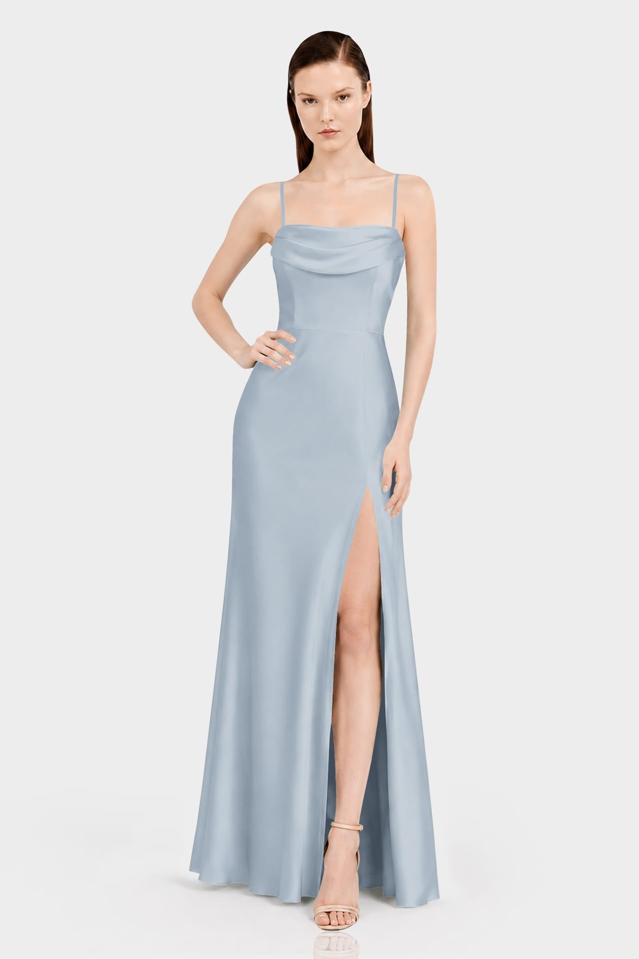 S Dusty Blue Off Shoulder Bridesmaid Dress – Multiway Satin Maxi with High Slit