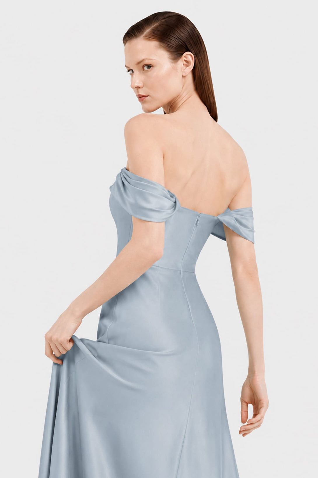 S Dusty Blue Off Shoulder Bridesmaid Dress – Multiway Satin Maxi with High Slit