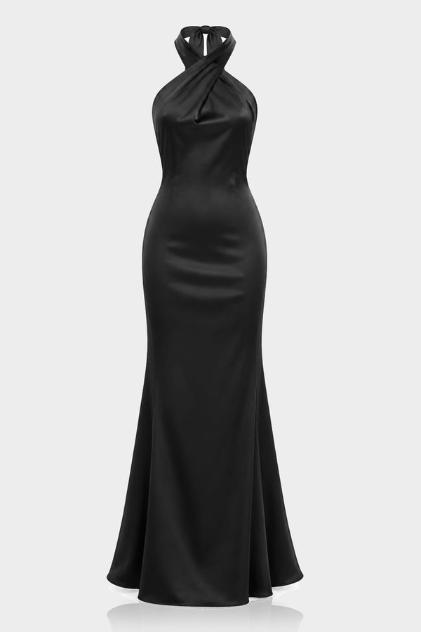 S Black Satin High Neck Crisscross Halter Maxi Dress – Elegant Mermaid Formal Gown