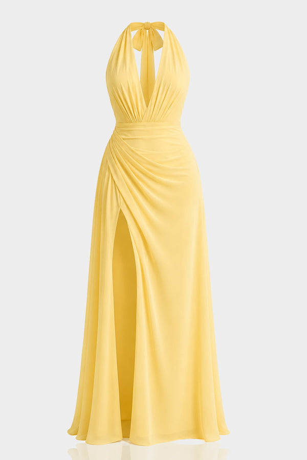 S Pale Yellow V-Neck Chiffon Fit and Flare Bridesmaid Maxi Dress