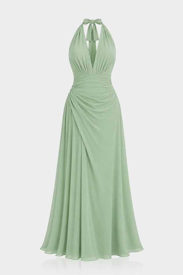 S Sage Green Halter V-Neck Chiffon Bridesmaid Maxi Dress – Floor Length Formal Gown
