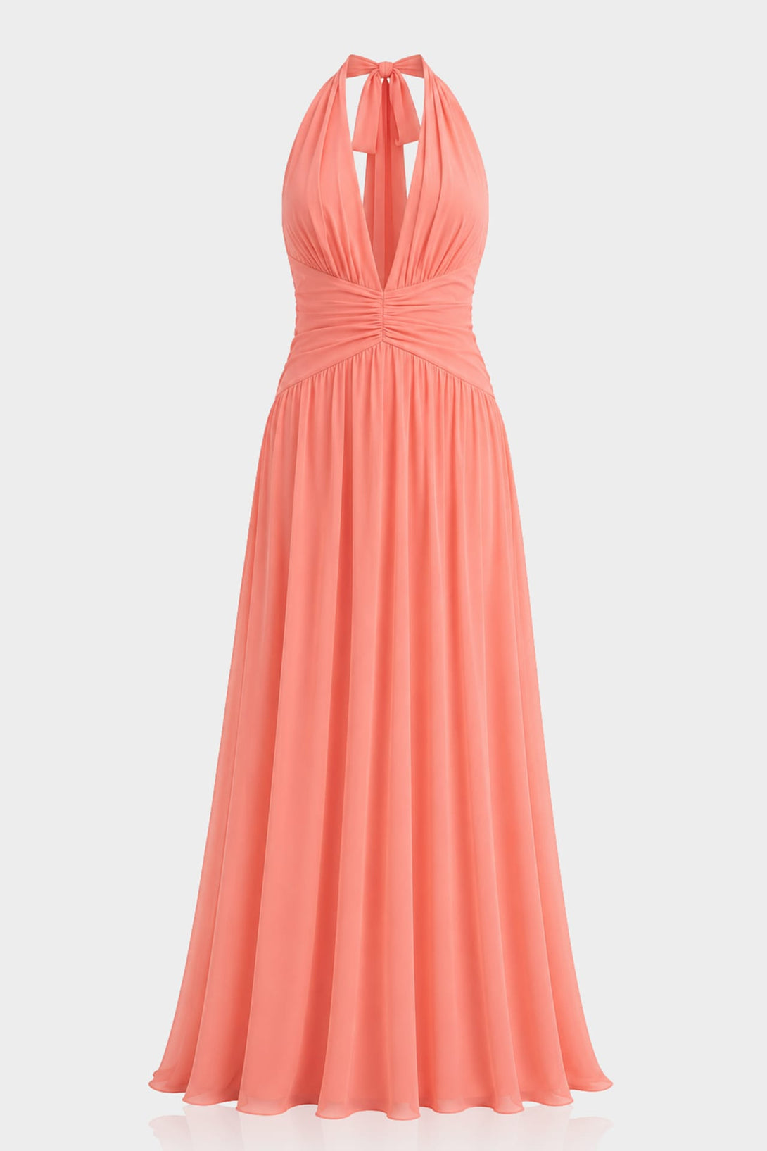 S Soft Coral Halter V-Neck Chiffon Bridesmaid Maxi Dress