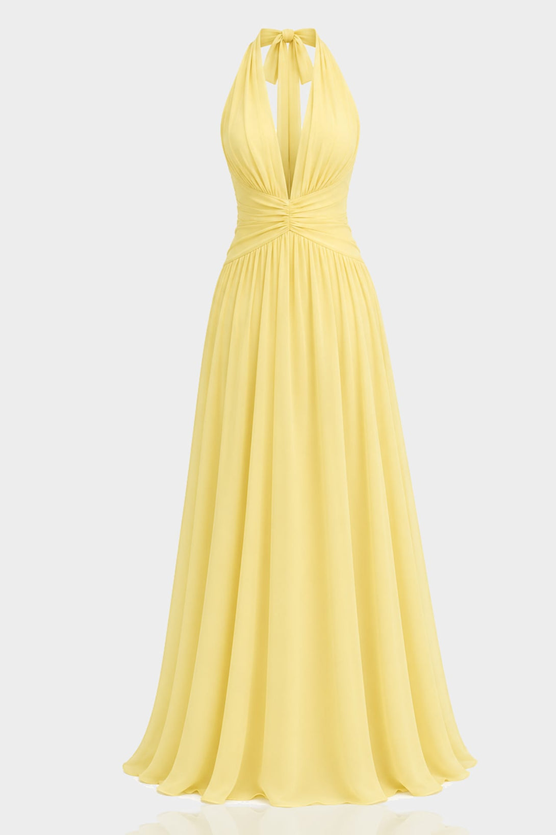 S Pale Yellow V-Neck Chiffon Fit and Flare Bridesmaid Maxi Dress