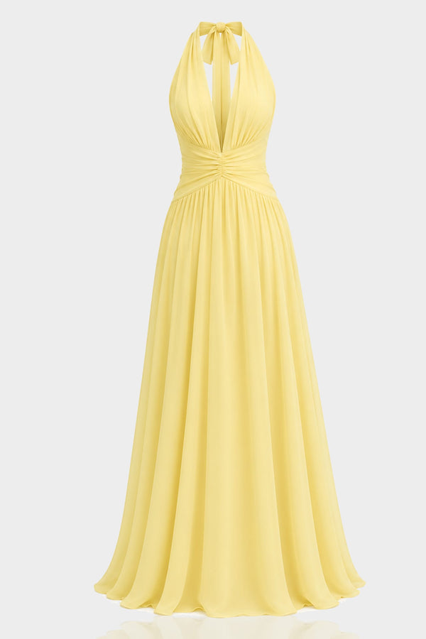 S Pale Yellow V-Neck Chiffon Fit and Flare Bridesmaid Maxi Dress