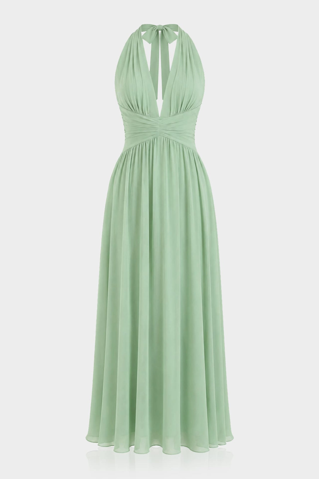 S Sage Green Halter V-Neck Chiffon Bridesmaid Maxi Dress – Floor Length Formal Gown