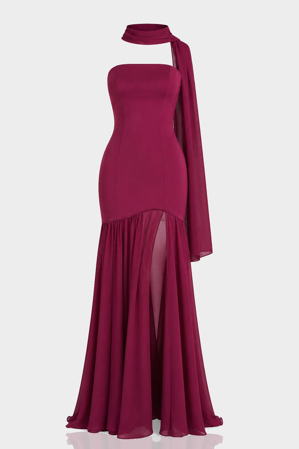 S Plum Berry Strapless Satin Chiffon Maxi Dress