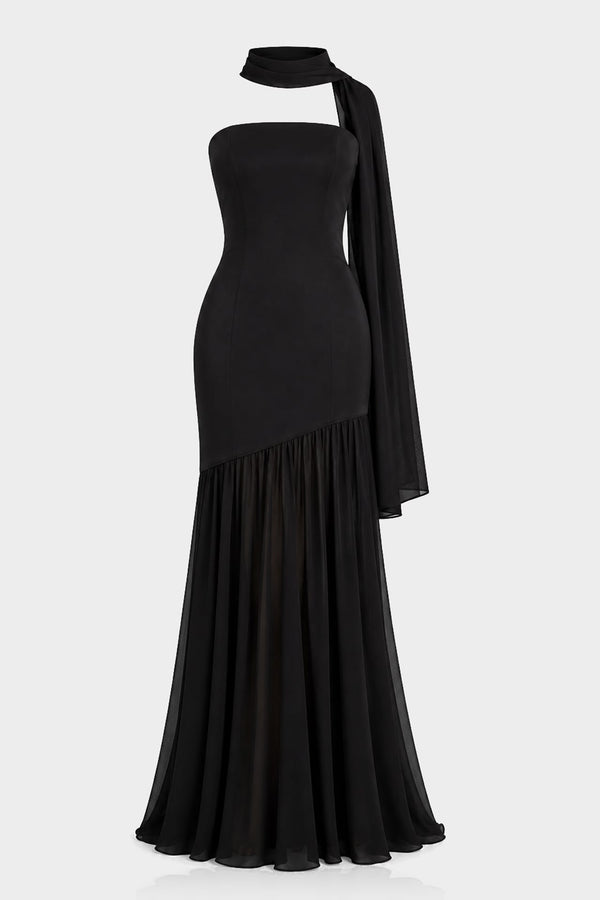 S Black Strapless Satin Maxi Dress with Neck Scarf