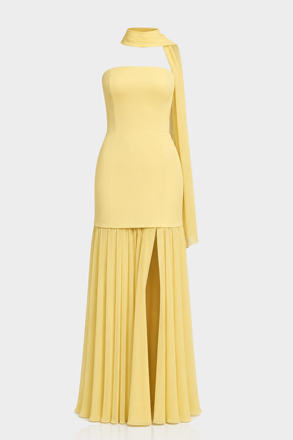 S Light Yellow Strapless Satin Chiffon Maxi Dress