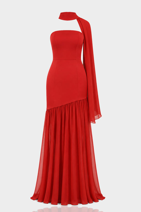 Red Satin Strapless Chiffon Maxi Dress