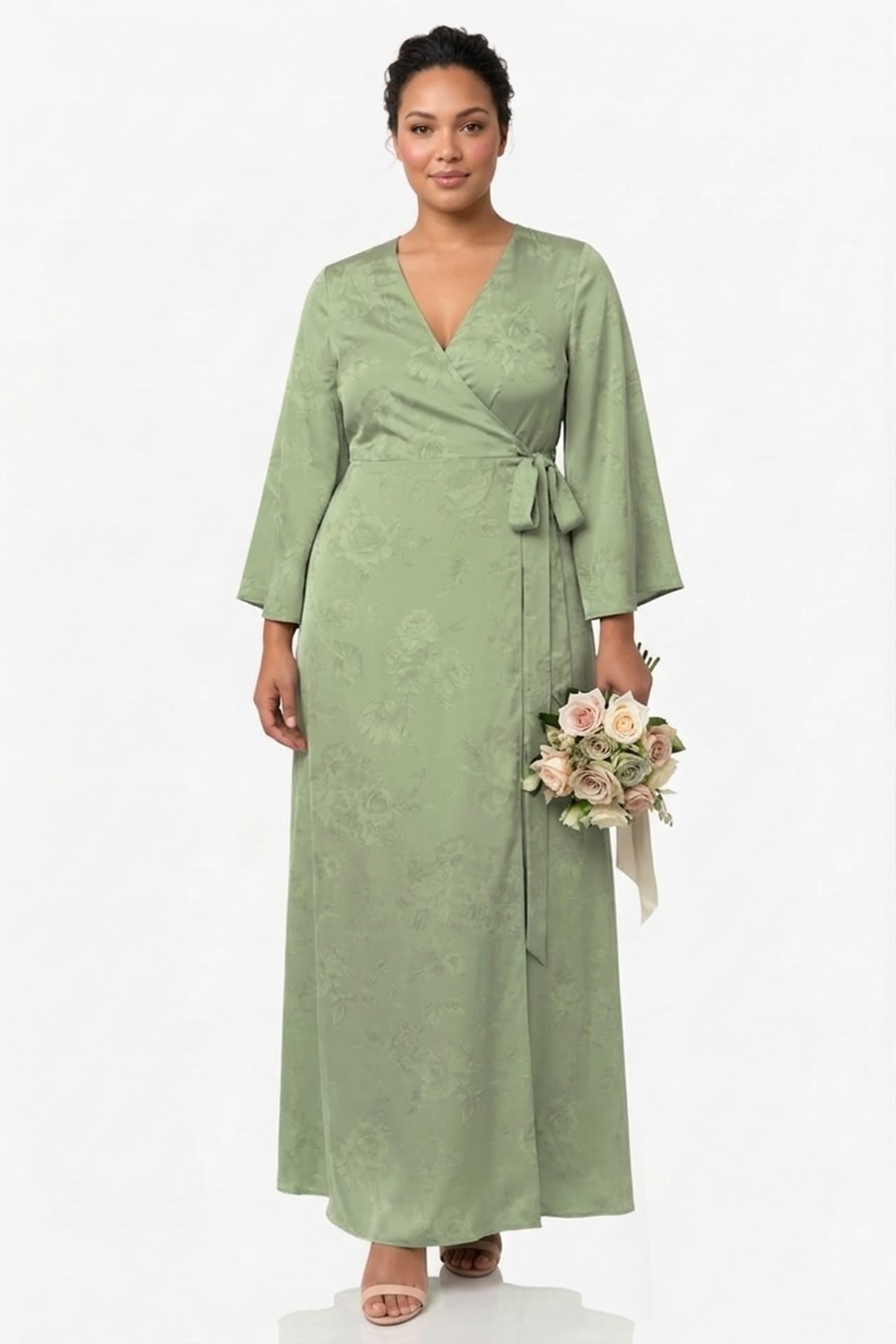 Standard / S Sage Floral Satin Wrap Maxi Dress for Bridesmaids & Wedding Guests