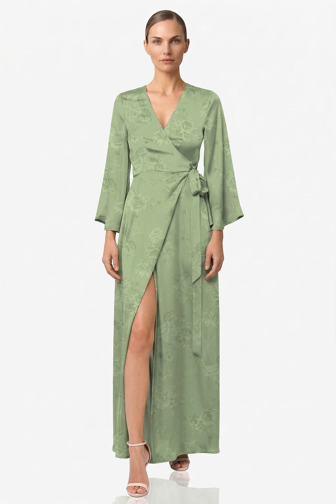 sage green satin wrap dress Petal and Pup Women's Ricki Maxi Dress