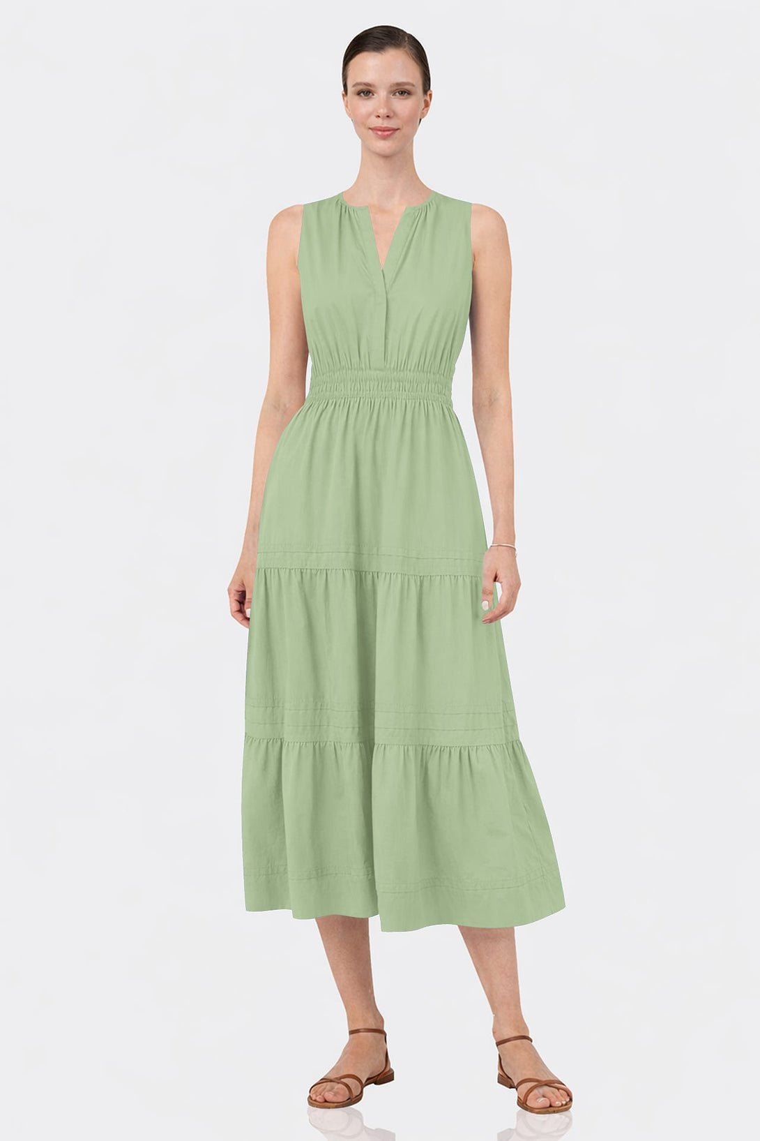 S Sage Green Smocked Waist Cotton Midi Dress for Women – Garden Party Dress
