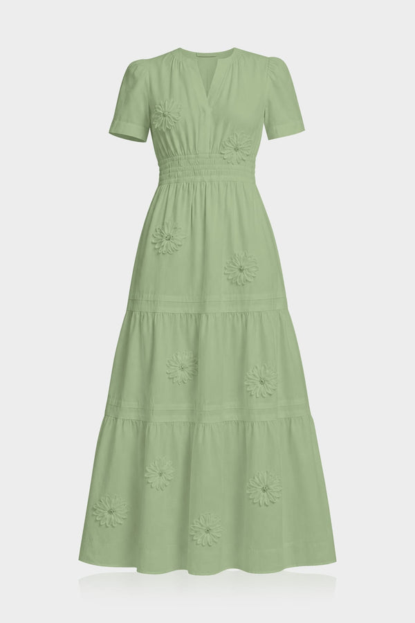 S Sage Green Elegant Floral Appliqué Dress for Women – Garden Party Dress