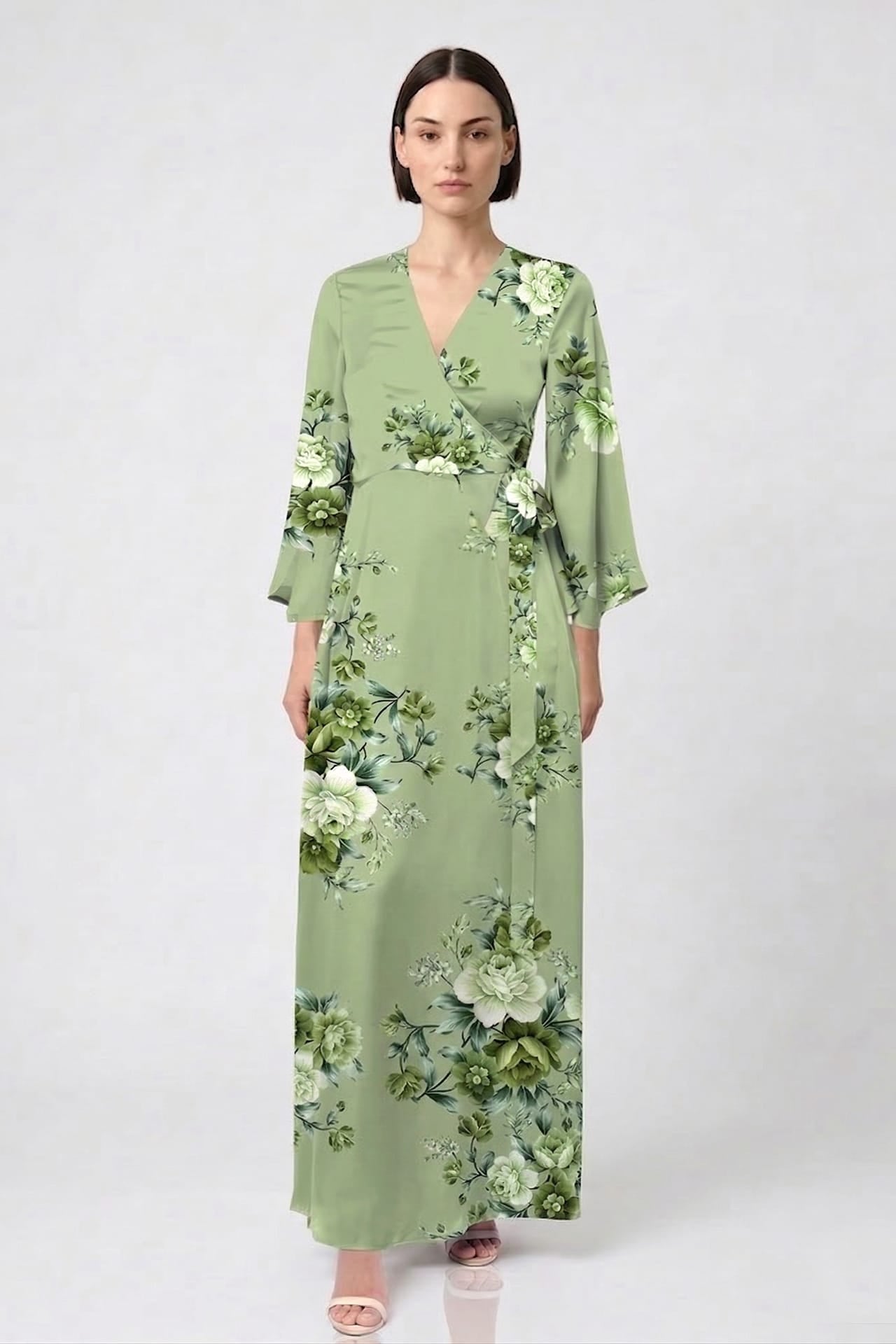green floral satin dress Standard / S Sage V-Neck Maxi Wrap for Garden Parties & Resort Wear Color:Chocolate Brown Denim May be worn with feed-cl2-blochcollection 18 Best Mocha Bridesmaid