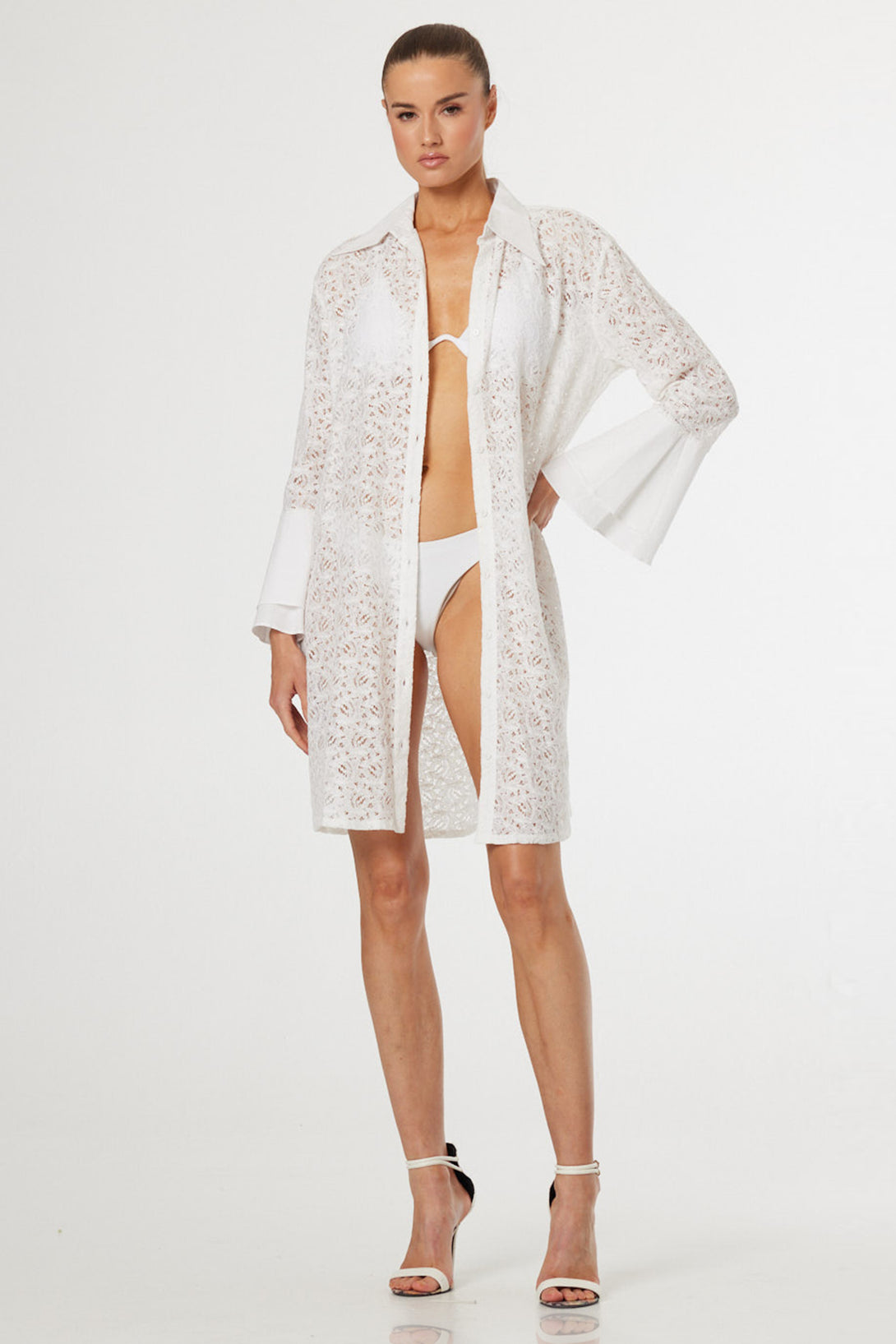 S Luxury White Crochet Lace Beach Cover-Up with Collared Neckline